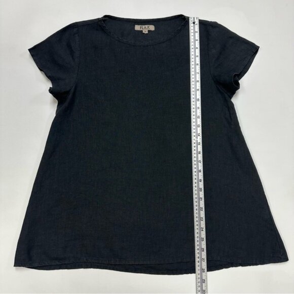 FLAX solid black linen round neck short cap sleeve top Medium minimalist - Picture 3 of 10